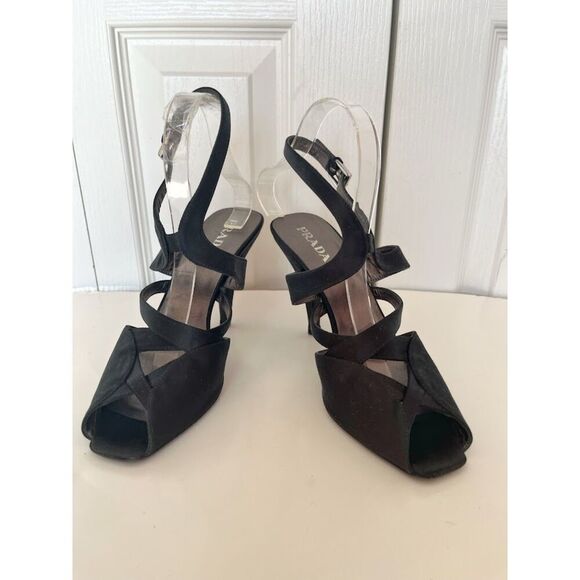 Prada Satin Open Peep Toe Strappy Cutouts Buckle Slingback Stiletto Pumps Heels - Picture 2 of 11